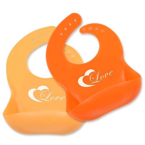 Silicone Baby Bibs Set of 2 Adjustable Waterproof Soft Baby Bibs for Boys and Girls Easy Wipe Clean with Food Catcher for Babies Toddlers Gifts for New Born (Orange and Yellow/Love)