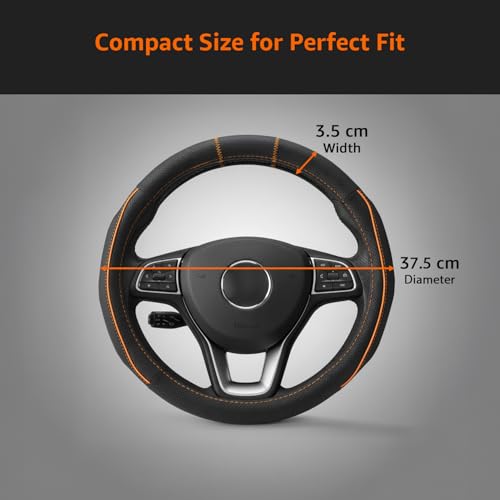 Image of Amazon Basics Leather Steering Wheel Cover (Medium - 38 cm) | Breathable, Non-Slip Polyvinyl Grip with Sporty Black Stitching & Easy Installation (Black and Orange)