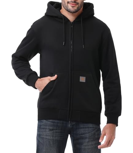 TUAOVA Mens Loose Fit Heavyweight Full Zip Fleece-Lined Hoodie Sweatshir (Black M)