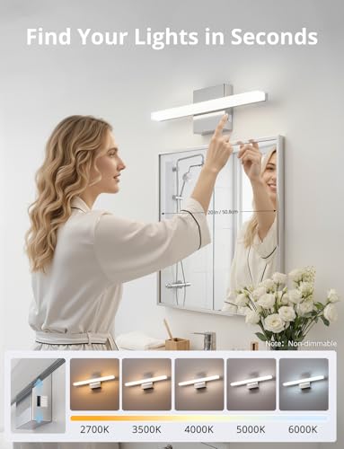 Image of Combuh Modern Bathroom Light Fixtures Over Mirror, Vanity Lamp Bar Chrome | small 16 inch, soft shadow free, linear design, wall mounted, lampara para bano sobre espejo, 5 colors adjustable, 2 Pack