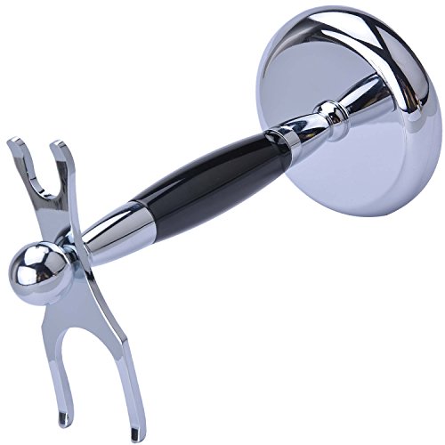 CSB Deluxe Chrome Shaving Brush Stand Holder for Razor & Brush Weighted Base Black Handle