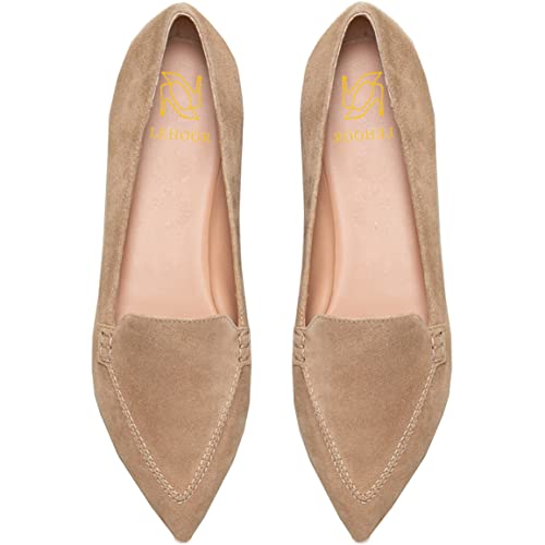 Image of LEHOOR Women Casual Slip On Loafer Flats Shoes Beige Pointed Toe Suede Penny Loafers Closed Pointy Toe Flat Heel Driver Coach Office Loafers Oxfords Pumps Dressy Comfort Fall Retro Suede Beige 7.5
