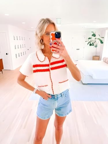 Image of Yousify Womens Casual Summer Short Sleeve Sweaters Button Down Crochet Knit Tops 2026 Loose Cute Cardigan Sweater