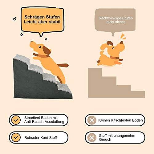 A.FATI Hundetreppe Bett, 4 Stufen Hunderampe aus hochdichtem Schaumstoff für Couch|Sofa|, rutschfeste Haustiertreppe 50cm Hoch für Kleine Hunde - mit Hundespielzeug Seil (grau)