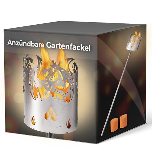 Gartenfackel für draußen Motiv Drache 2X Brennelemente - Holzspäne mit Wachs - Schwedenfackel Pelletfackel Feuersäule Flammschalen Wachsfackel...