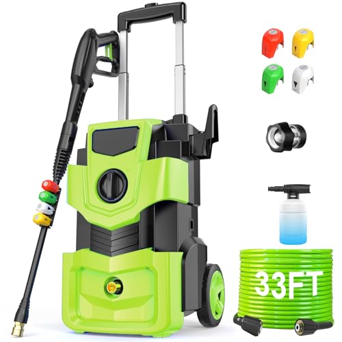 Imdot Adjustable Electric Pressure Washer 5000PSI with 33FT Flexible Extension Hose + 34FT Power Cord, 4 Nozzles, Foam Cannon, Best Power Washer for Cars, Patios, Driveways, Green