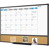 XBoard Dry Erase Calendar Whiteboard 48 X 36 - Combo White Board Calendar Monthly, Magnetic White Board + Corkboard with Black Aluminum Frame, Colorful Push Pins & Marker Tray Included
