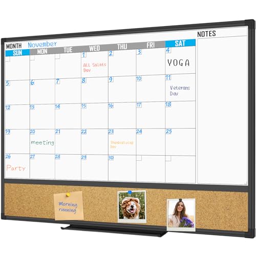XBoard Dry Erase Calendar Whiteboard 48 X 36 - Combo White Board Calendar Monthly, Magnetic White Board + Corkboard with Black Aluminum Frame, Colorful Push Pins & Marker Tray Included 48" x