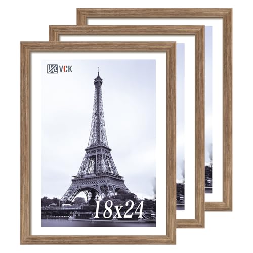 Image of VCK 18x24 Poster Frame Solid Wood Walnut 3 Pack Picture Frames 18 x 24 Inches with Wall Mounting Hanging