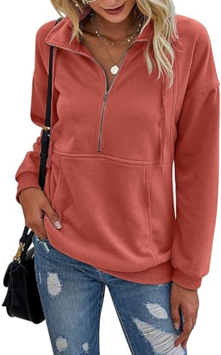 Beonych Sweatshirt Damen Pullover Elegant Langarmshirt Baumwolle Pulli Herbst Winter Casual Sweatjacke Oberteile Langarm mit Taschen (Orange, M)