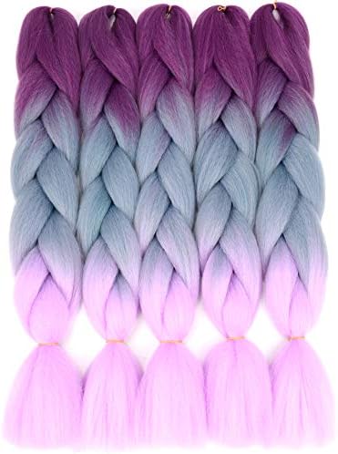 VCKOVCKO Ombre Braiding Hair Extension Synthetic Kanekalon Fiber for Twist Braiding Hair,3 Tone Jumbo Box Braiding Hair 24",5 Bundles/Lot,Purple-Blue-Light Purple