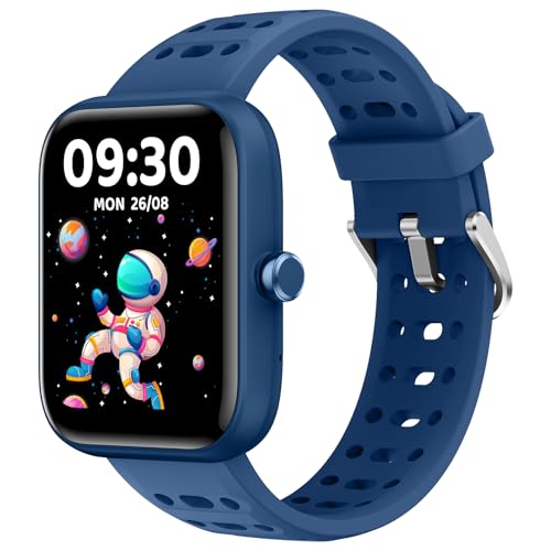 Smart watch with blue strap featuring a colorful astronaut design on the screen, showcasing a playful and modern aesthetic for kids' technology.
