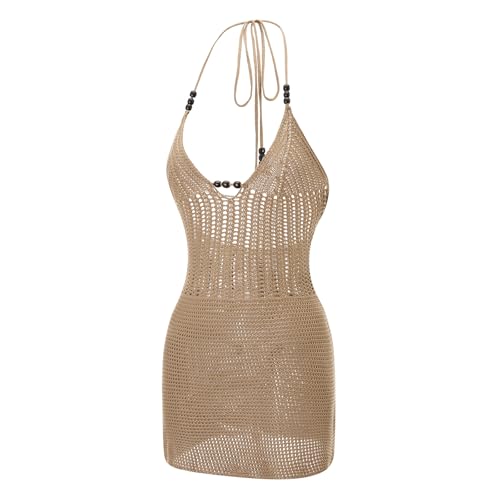 Image of Women Y2k Backless Halter Mini Dress Summer Knit Crochet Cutout Bodycon Party Beach Dress