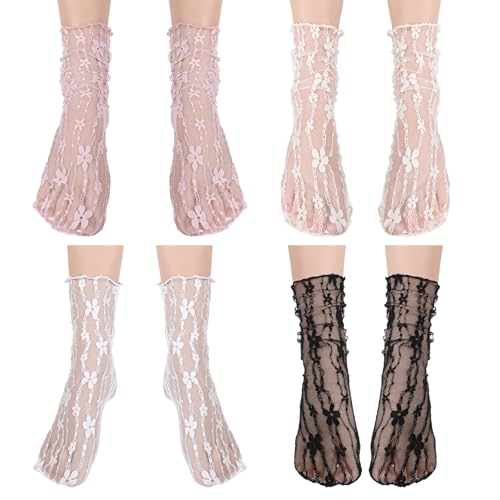 4 Pair Lace Ruffle Socks, Mesh Pink Lace Socks for Women Ankle Ruffle, Tulle White Beige Black Pink Slouch Sock, Loose Mesh Slouch Fishnet Ankle Sock