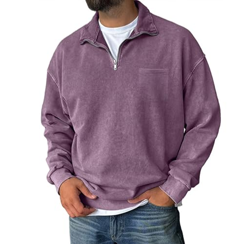 1/4 Zip Pullover Mens Fall Winter Fleece Lined Vintage Mock Neck Sweatshirt Loose Classic Distressed Pullover Sweater