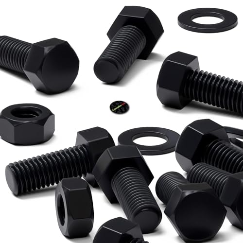 Image of 20x Black Nylon PA66 Hex Head Plastic Bolts, Nuts & Washers, M10 x 25 mm, Fastener, (25 /64 x 63 /64 in)