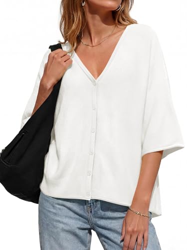 Image of Saodimallsu Womens V Neck Half Sleeve Cardigan Sweaters Summer Knit Tops | Oversized Fit, Button Down, Batwing Sleeve, Soft Lightweight Knitted Fabric, Trendy Casual Style, Summer Fall Outfits