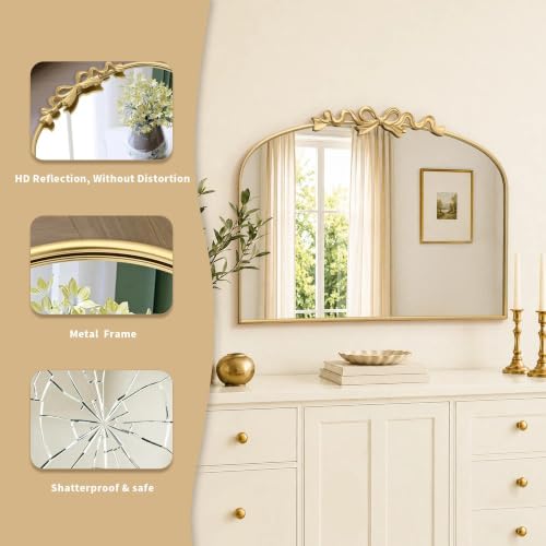 Image of Besdomus Bow Arched Large Mirror: 40 inchx29 inch Gold Vintage Decorative Mirror | French Baroque Metal Framed - Traditional Ornate for Fireplace /Entryway /Living Room /Bathroom- Ideal for Home Renovations