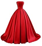 TOOWOOT Strapless Prom Dresses for Teens Long Satin Ball Gown Formal Dress for Women Evening Party Gown with Pockets Red Size 2
