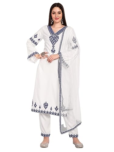 Image of Naixa Women's Viscose Rayon Embroidered Straight Kurta with Pant and Embroidered Laced Dupatta Set (NX-388)