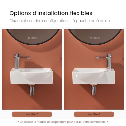 EMKE Hänge-Waschbecken 405 x 280 x 140 mm – Kompaktes und elegantes Waschbecken für kleine Badezimmer und Gäste-WC – Wasserhahn links, Wandmontage, weiß glänzend