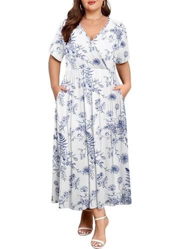 Image of BELAROI Womens Plus Size Maxi Dress Summer Wrap V Neck Flowy Long Sundress Beach Dresses with Pockets