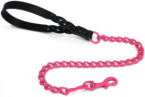 Platinum Pets 2.5mm Short Chain Leash with Braided Leather Handle, Pink