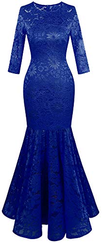 Angel-fashions Damen Blumen Spitze Lange Armel Meerjungfrau Bodycon Hochzeitskleid (S, Blau) Cover