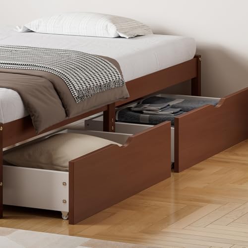 Merax Holzbett 90x200cm, Einzelbett mit Zwei Schubladen auf Rollen, Flachbetten mit Stabile Lattenroste, Ohne Kopfteil, Kinderbett Futonbett Bettrahmen für Erwachsene Teenager, Kiefer+MDF, Rotbraun