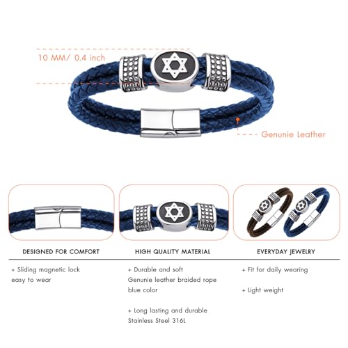 555Jewelry Stainless Steel Star of David Braided Leather Hypoallergenic Bracelet for Men, Size 8 & 9 Inch4