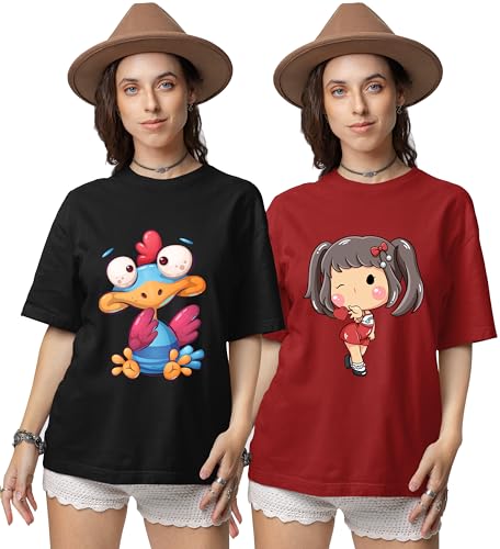Image of Reifica Pure Cotton Half Sleeve Loose Fit Oversized T Shirts for Women /Girls Combo Pack of 2