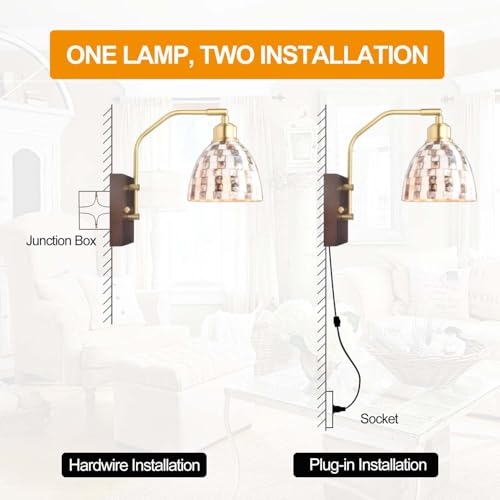 Image of Mother-of-Pearl Shell Mosaic Shade Wall Sconce, Plug-in or Hardwire Wall Lamp with Edison LED Bulb, Vintage Solid Wood Brass Lamp Body Wall Light for Living Room, Bedroom, Hallway, Bedside