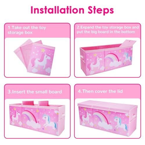 Miniatura 6 de Decalsweet Caja De Juguete Extra Grande Con Tapa Abatible, Caja Almacenaje Oxford Plegable Con Asa Bolsillo De Malla, Baúl Juguetes Y Almacenamiento Impermeable Para Niñas, 96 32 40 Unicornio Rosa
