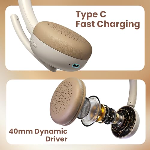 Image of Portronics Muffs A3 On Ear Headphone with Inbuilt Flexible Boom Mic & Dual ENC Technology, Upto 50 Hours Playtime, Deep Bass, Bluetooth Version 6.0, 40mm Dynamics Driver, Type C Fast Charging(Beige)