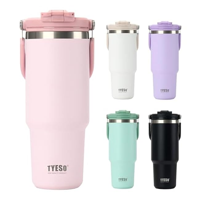 TYESO Tumbler with Flip Straw & Sip Lid, Vacuum Insulated Water Bottle, Double Wall Stainless Steel Coffee Cup Travel Mug Leak Proof (PINK, 30 OZ)