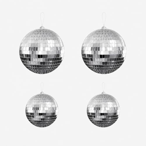 Youdepot - Bola espejada de discoteca de 4 y 6 pulgadas, paquete de 4 piezas, decoraciones colgantes plateadas para fiestas, Navidad, bodas y decoración de ambientes miniatura 1