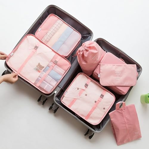 Image of 7 Pcs Travel Organizer Bag Set for Luggage | Waterproof Packing Cubes for Clothes, Shoes & Toiletries | Foldable Travel Storage Bags for Men & Women | Black Travel Pouch Set (PINK)