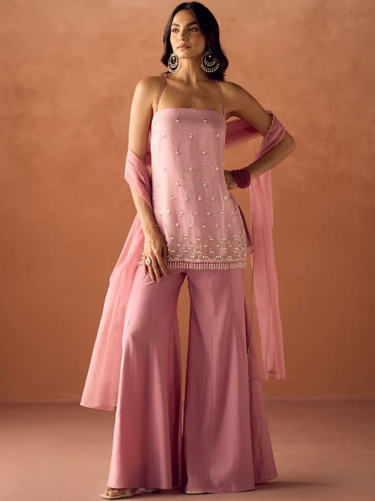 Image of Pink Embroidered Halter Neck Kurta with Sharara and Dupatta