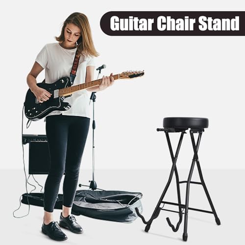 Image of Guitar Stool with Built-in Guitar Stand Foldable Musician Stool Padded Seat Integrated Footrest Retractable Hook Heavy-Duty Iron Frame for Acoustic Electric Bass Guitar Players(Black-c)