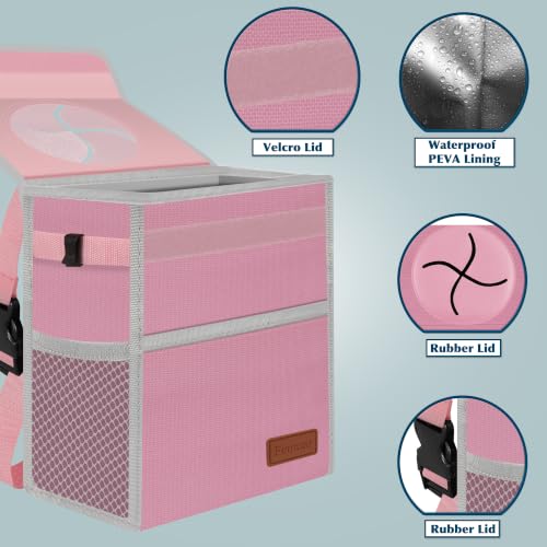 Image of Femuar Leak Proof Car Trash Can with Lid, Collapsible Hanging Waterproof Car Trash Bag with Mesh Pocket for SUV Front Seat Headrest, Light Pink