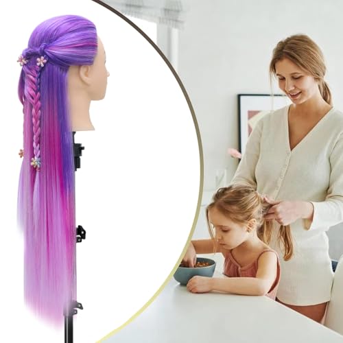 Głowa do stylizacji 71 cm, głowa do treningu fryzjerskiego 100% syntetyczne włosy, głowa do stylizacji z bezpłatnym zaciskiem i zestawem do warkoczenia DIY (fioletowo-czerwono-różowa)