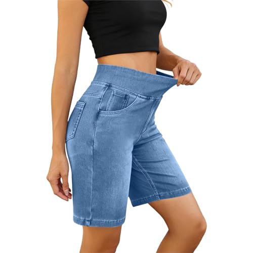 Stretchy Jean Shorts for Women,Bermuda Jean Shorts Women High Waisted Tummy Control Stretchy Pull On Denim Shorts Knee Length Jorts with Pockets