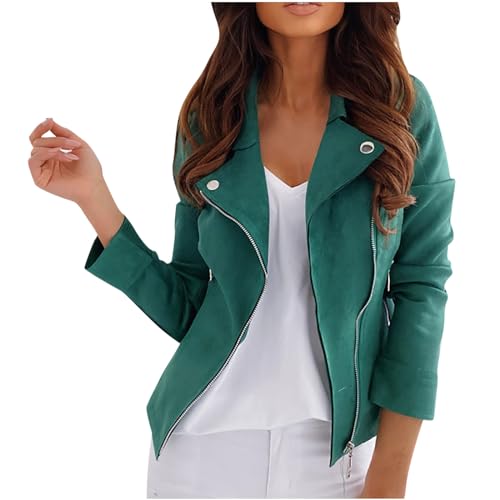 Women's Casual Jackets Notched Lapel Asymmetrical Zip Up Moto Jackets Fashion Long Sleeve Lightweight Coat with Pockets