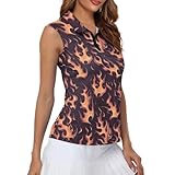 Irisjudy Orange Fire Pattern 1/4 Zip Up Tennis Golf T-Shirts for Women Cartoon Fire Flame Lightweight Sleeveless Sport Shirts Irregular Fluid V-Neck with Collar Tank Top Quick Dry