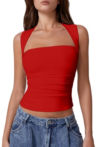 QINSEN Womens Square Neck Tank Tops Side Ruched Double Lined Slim Fit Summer Going Out Crop Top