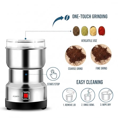 Image of Drumstone (𝐄𝐱𝐥𝐮𝐬𝐢𝐯𝐞 𝟐𝟎 𝐘𝐞𝐚𝐫𝐬 𝐰𝐚𝐫𝐫𝐚𝐧𝐭𝐲) Portable Stainless Steel Electric Grinder for Coffee Beans, Masala, Herbs & Dry Spices, High-Speed Compact Grinding Machine for Kitchen