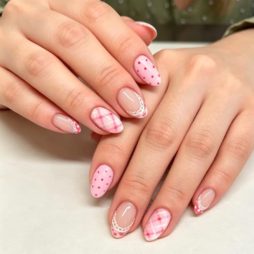 Polka Dot Press on Nails Short Almond - Striped & Lace French Tip...