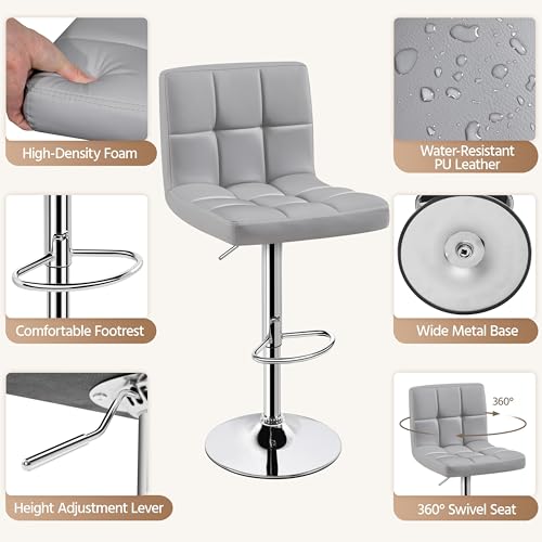 Image of Yaheetech Single Bar Stool, PU Leather Adjustable Barstools, Modern Counter Stools with Back and Footrest, Counter Height Barstools for Bar, Kitchen, Dining Room, Light Gray