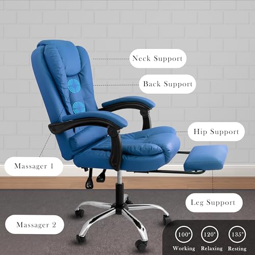 Image of Casa Copenhagen Italia Leatherette Office Chair for Work | Boss Chair, Luxurious Cushioned Arms & Seat, 2 Point Back Massager, Adjustable Leg Rest, Heavy Duty Metal Base (Royal Blue)