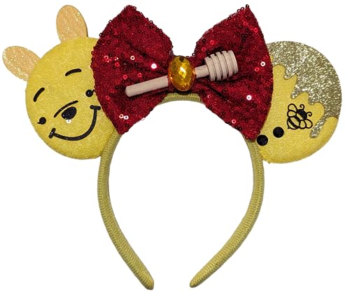 Image of CLGIFT Winnie the Pooh Minnie Ears,Pick your color, Yellow Minnie Ears, Pooh Bear minnie ears, Rainbow Sparkle Mouse Ears,Honey Bee Sequin Minnie Ears (Winnie)